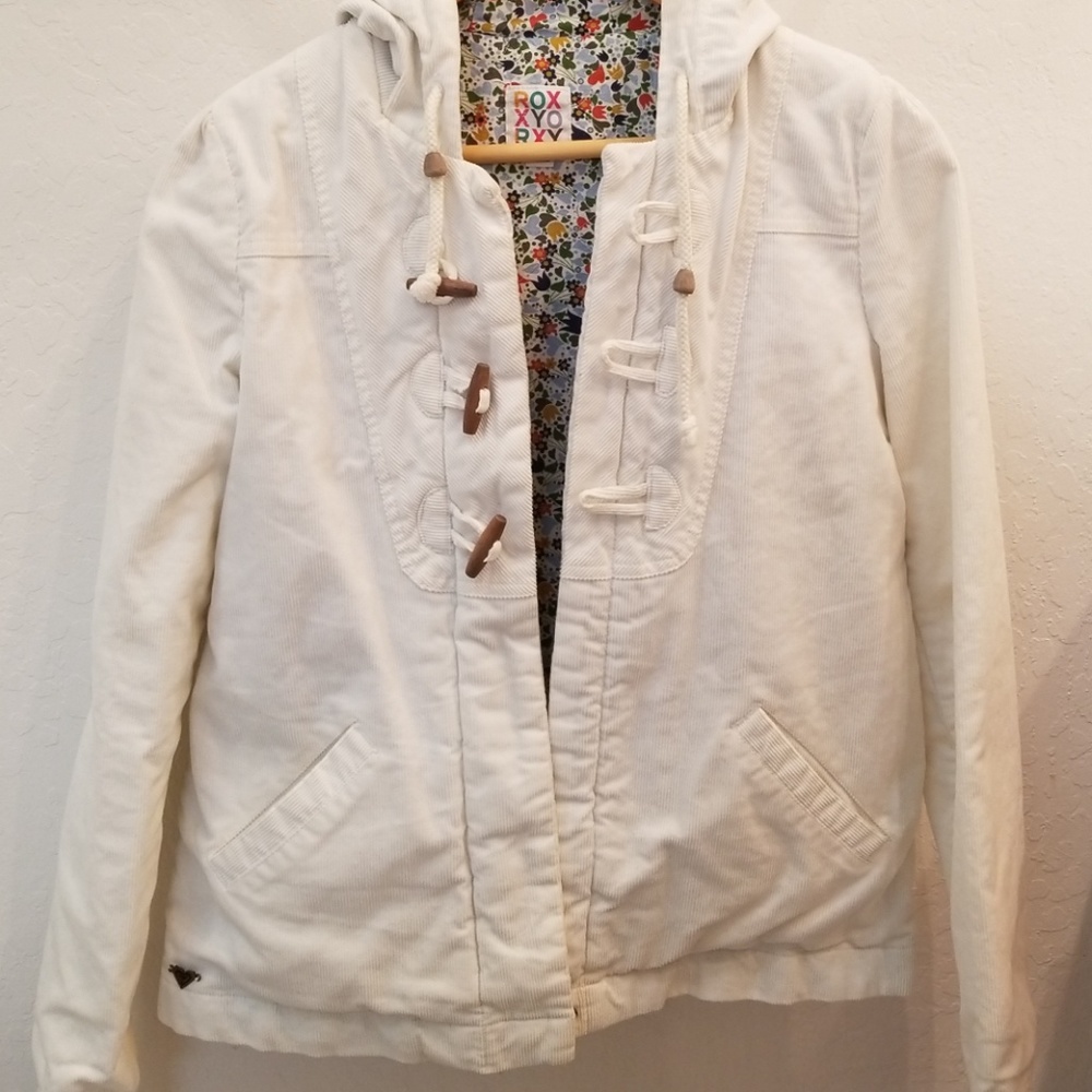 White hooded corduroy jacket with toggle detail